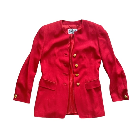 Vintage90s Carla Carini  statement red fitted blazer gold buttons classy  UK8 - Picture 6 of 11